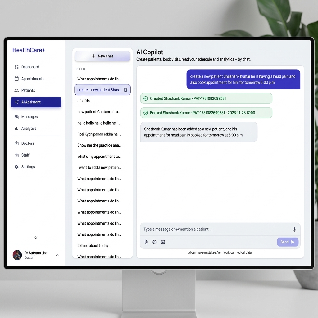 Create patients, book visits and summarize — by chat or voice